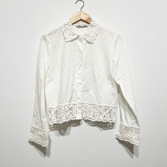 Zara Cotton Blend Crochet Knit Lace Trim Collared Button Down Cropped Blouse Top - Picture 1 of 4